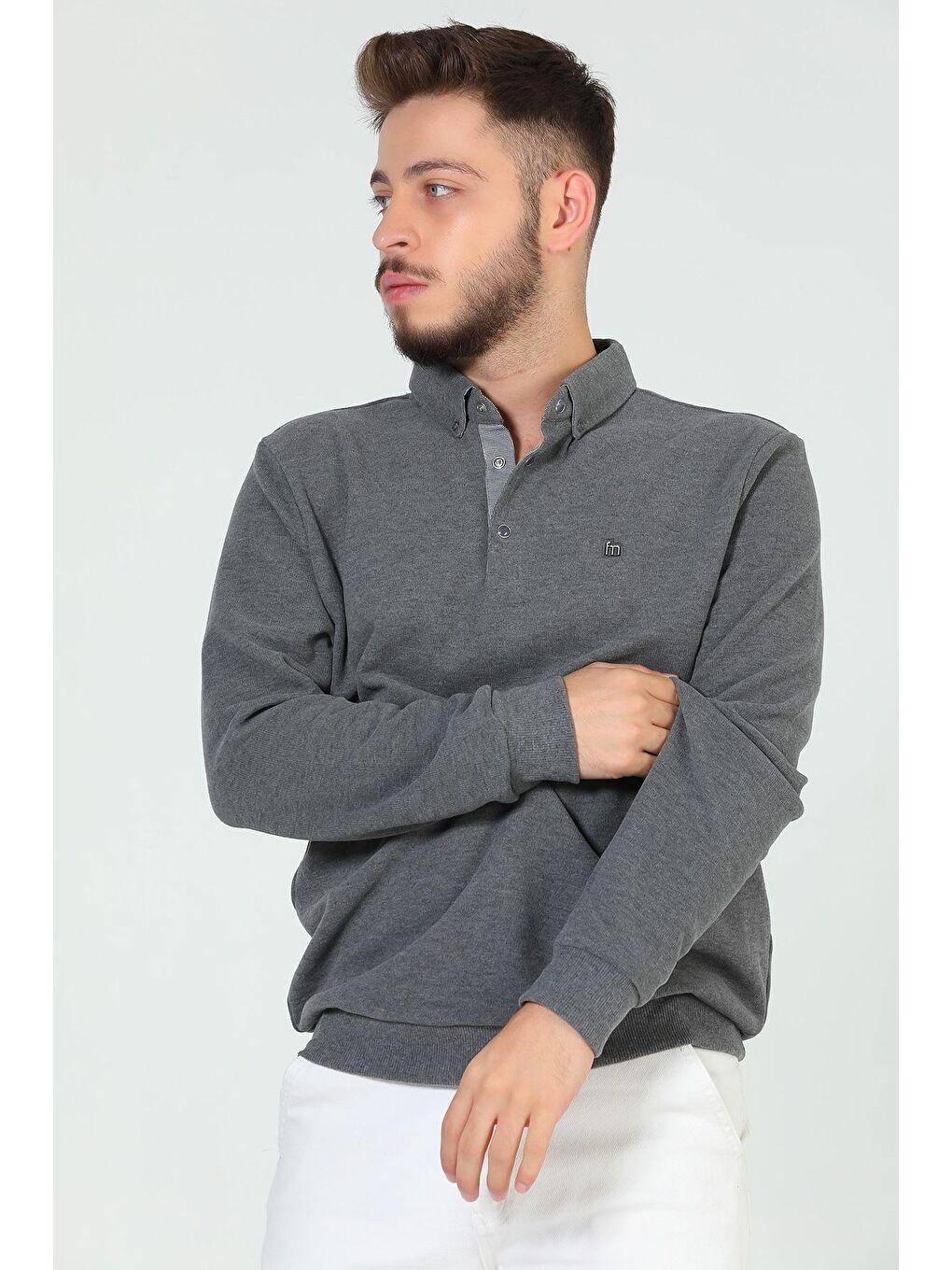 Antrasit Erkek Gömlek Yaka Sweatshirt-2