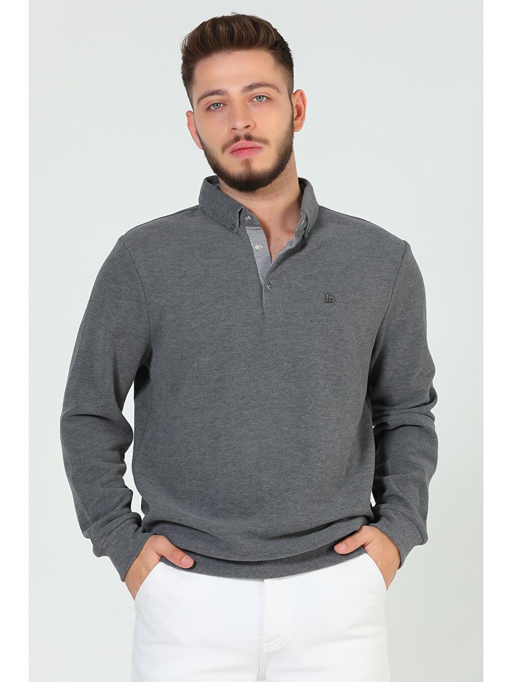 Antrasit Erkek Gömlek Yaka Sweatshirt-3