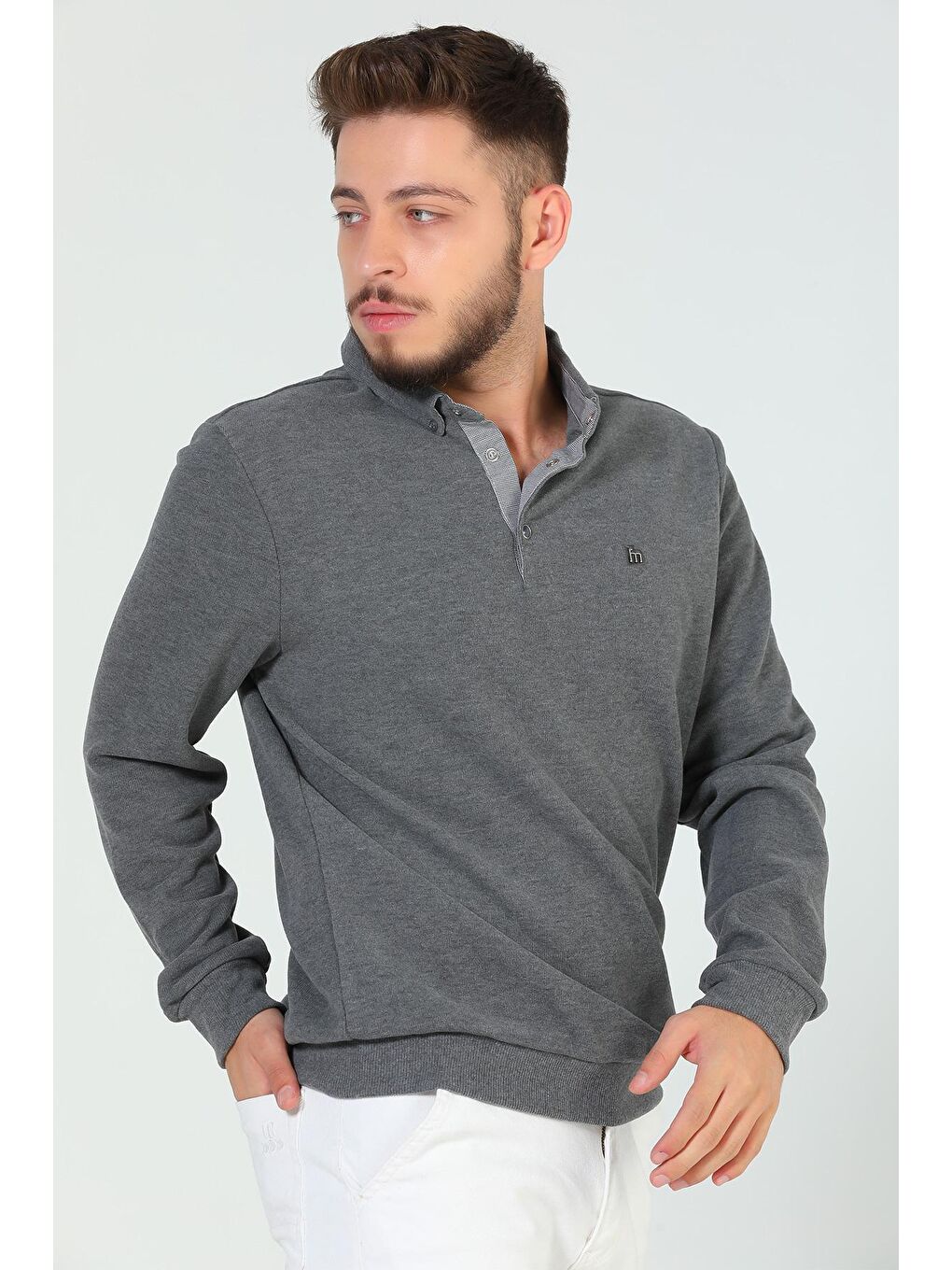 Antrasit Erkek Gömlek Yaka Sweatshirt-4