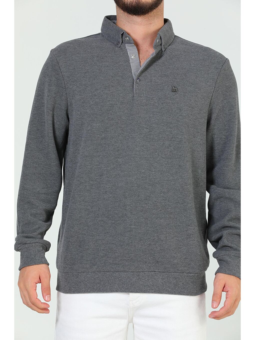 Antrasit Erkek Gömlek Yaka Sweatshirt-5