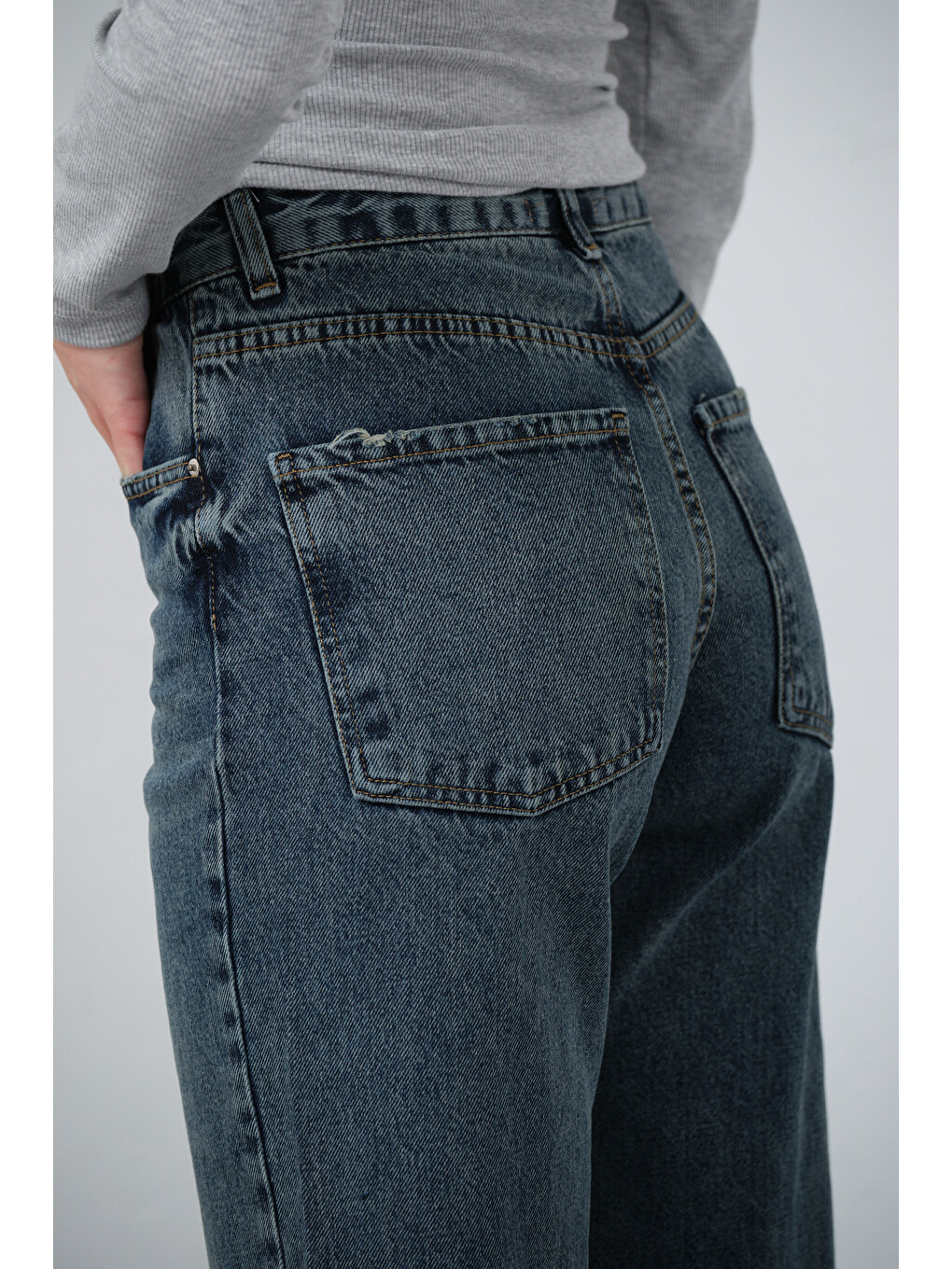 Mavi Yüksek Bel Üste Oturan %100 Pamuk Geniş Paça Flare Jean Jean Kadın Pantolon @Sanremo-3