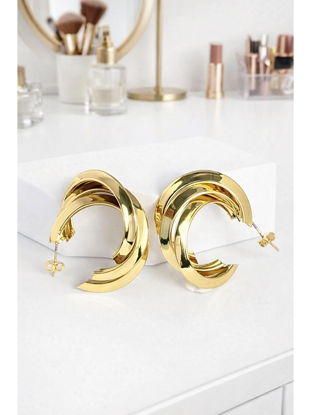 Sarı Altın Renk Çelik Halka Küpe-1