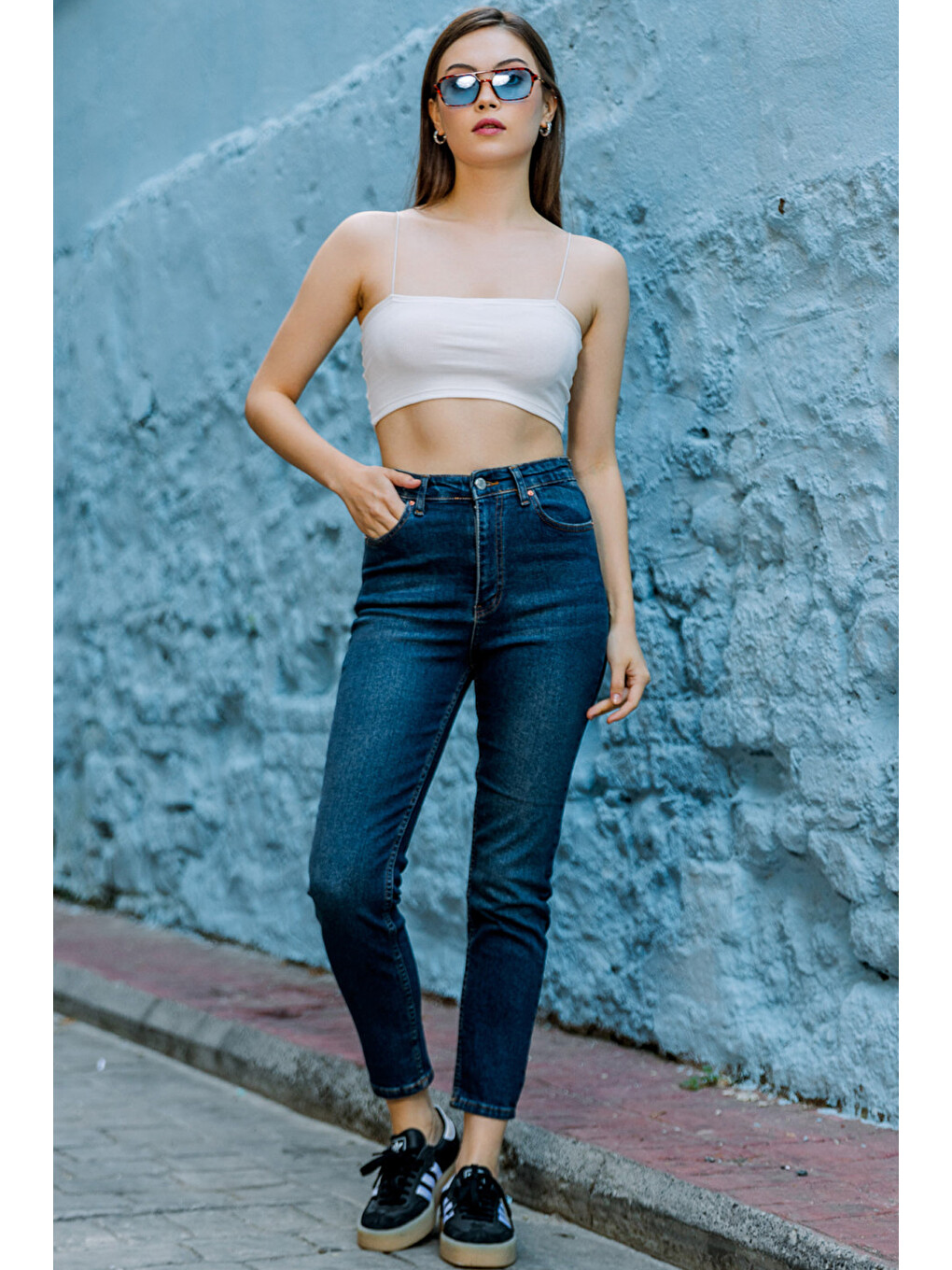 Lacivert Yüksek Bel, Esnek Skinny Denim Dar Kalıp Mom Jean Kadın Jean Pantolon @cremona