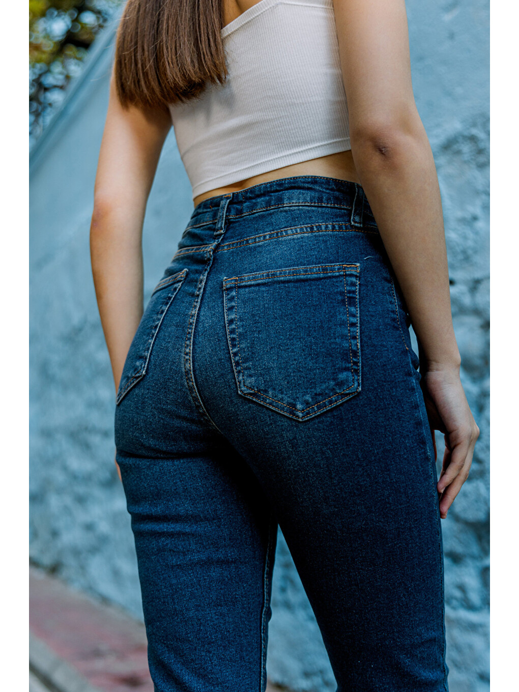 Lacivert Yüksek Bel, Esnek Skinny Denim Dar Kalıp Mom Jean Kadın Jean Pantolon @cremona-1