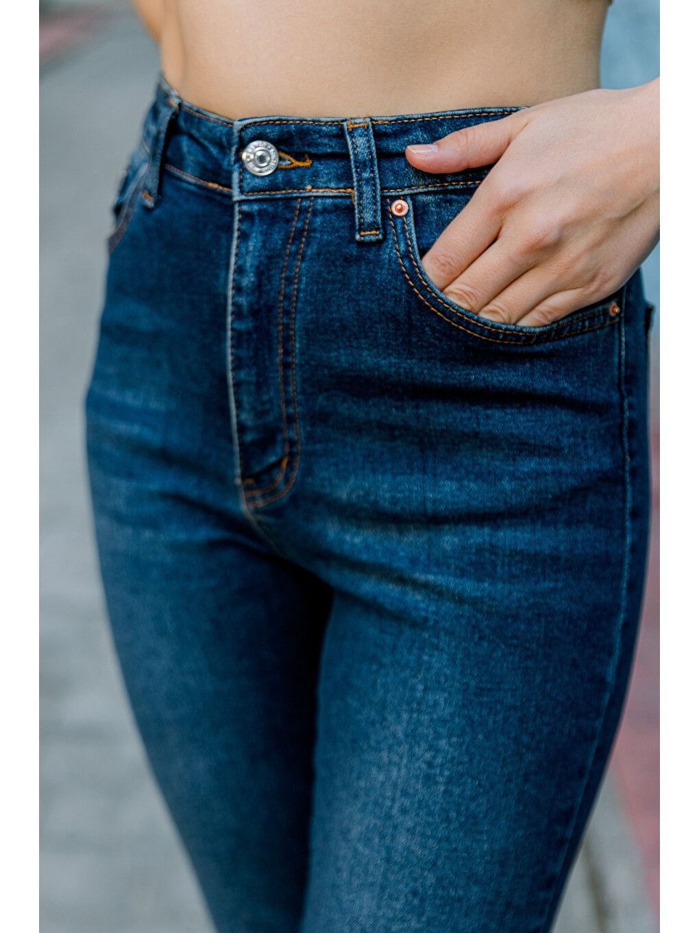 Lacivert Yüksek Bel, Esnek Skinny Denim Dar Kalıp Mom Jean Kadın Jean Pantolon @cremona-2
