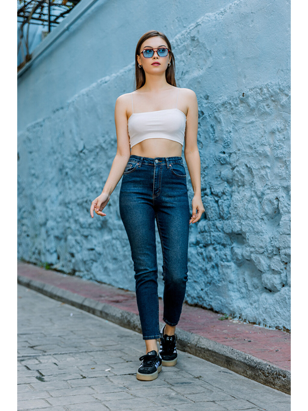 Lacivert Yüksek Bel, Esnek Skinny Denim Dar Kalıp Mom Jean Kadın Jean Pantolon @cremona-3