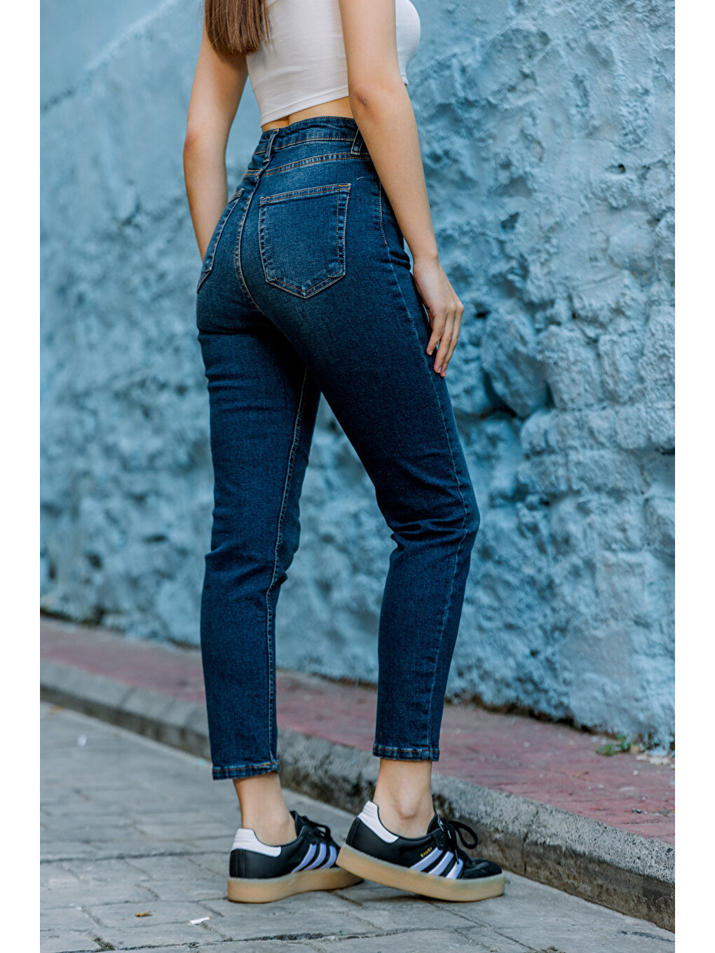 Lacivert Yüksek Bel, Esnek Skinny Denim Dar Kalıp Mom Jean Kadın Jean Pantolon @cremona-4