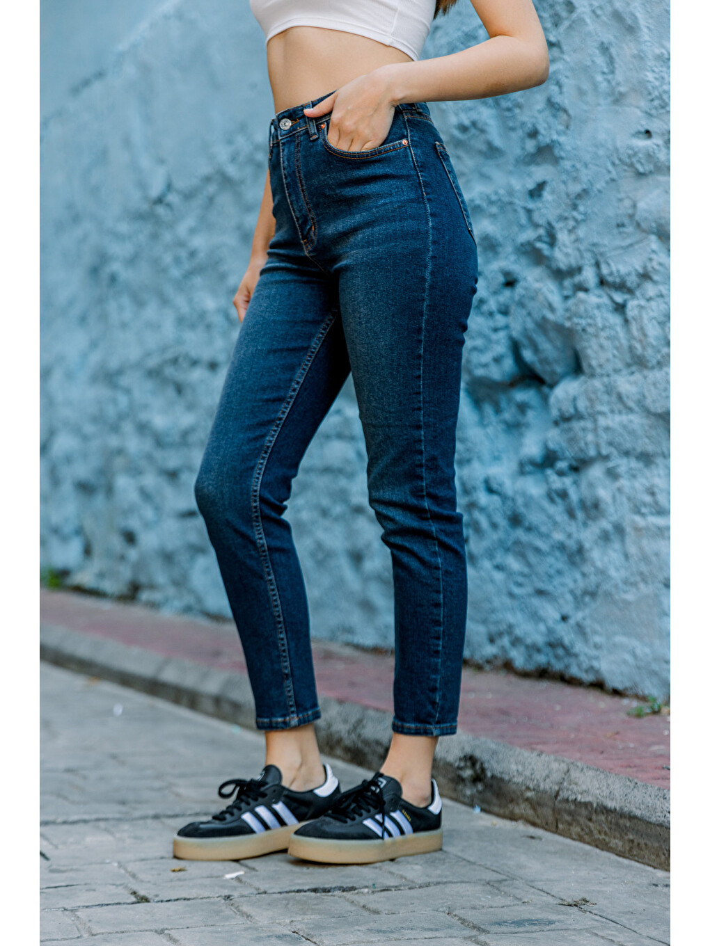 Lacivert Yüksek Bel, Esnek Skinny Denim Dar Kalıp Mom Jean Kadın Jean Pantolon @cremona-5