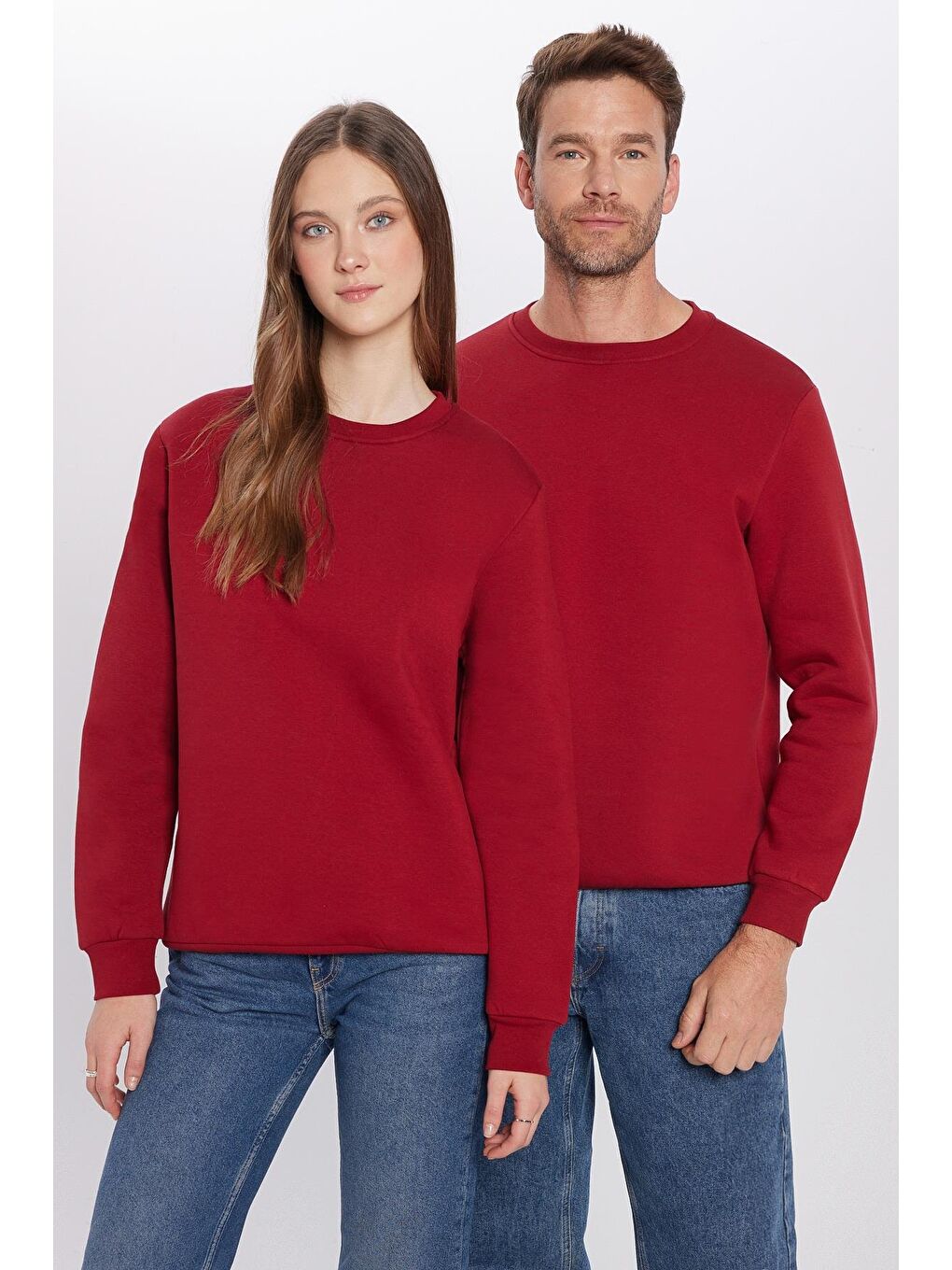Unisex Relax Fit Rahat Kesim Pamuklu Yumuşak Dokulu İçi Polarlı Basic Bordo Bisiklet Yaka Sweatshirt-2