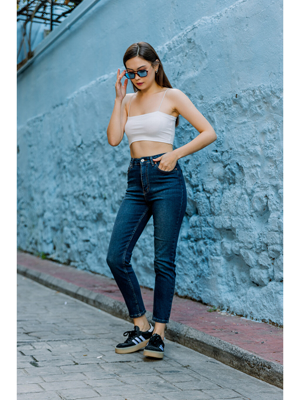 Lacivert Yüksek Bel, Esnek Skinny Denim Dar Kalıp Mom Jean Kadın Jean Pantolon @cremona-6