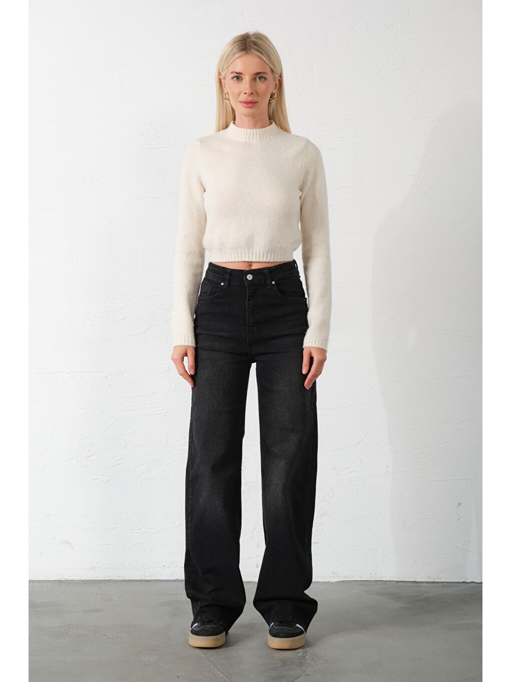 Gri üksek Bel, Esnek Denim Kumaş Geniş Paça Palazzo Kadın Jean Jean Pantolon @Cesena-3