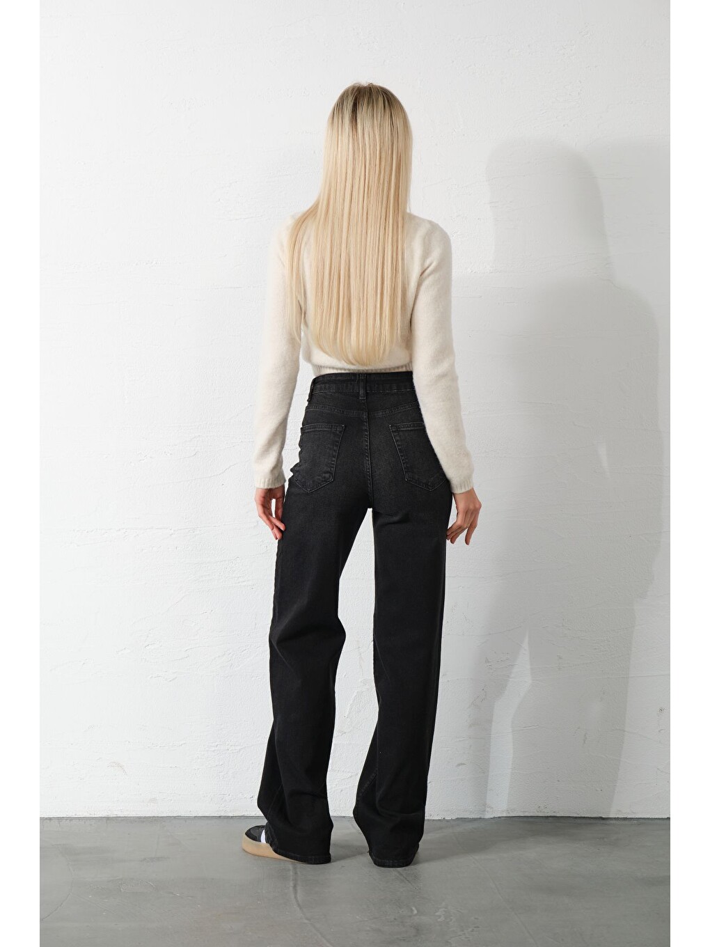 Gri üksek Bel, Esnek Denim Kumaş Geniş Paça Palazzo Kadın Jean Jean Pantolon @Cesena-4