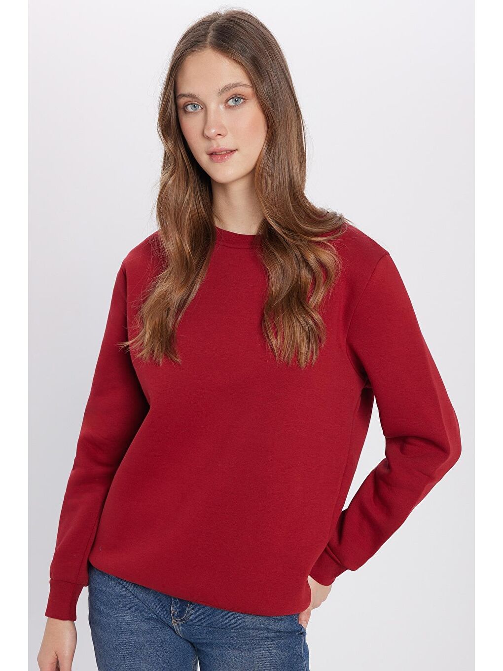 Unisex Relax Fit Rahat Kesim Pamuklu Yumuşak Dokulu İçi Polarlı Basic Bordo Bisiklet Yaka Sweatshirt-3