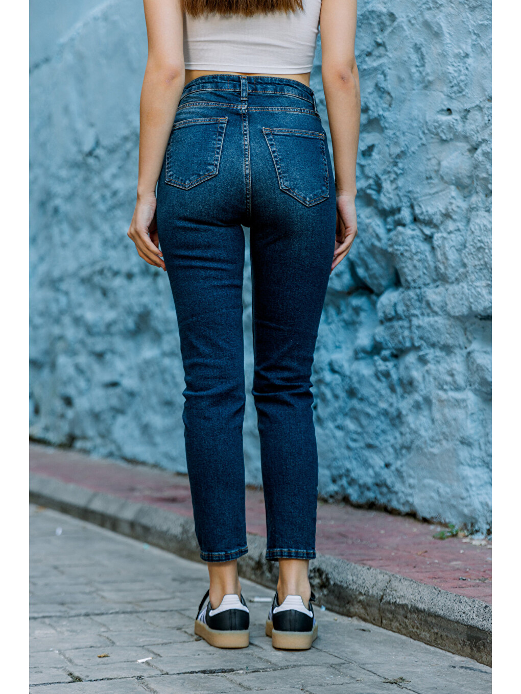 Lacivert Yüksek Bel, Esnek Skinny Denim Dar Kalıp Mom Jean Kadın Jean Pantolon @cremona-7