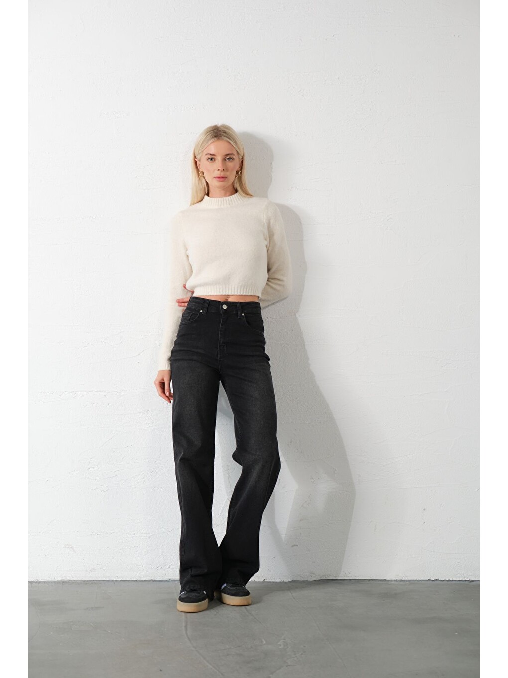 Gri üksek Bel, Esnek Denim Kumaş Geniş Paça Palazzo Kadın Jean Jean Pantolon @Cesena-5