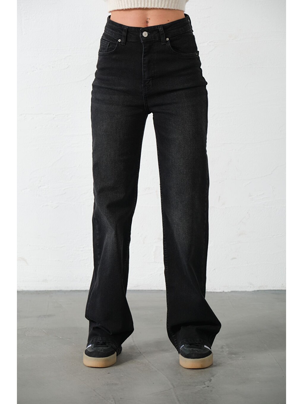 Gri üksek Bel, Esnek Denim Kumaş Geniş Paça Palazzo Kadın Jean Jean Pantolon @Cesena-6