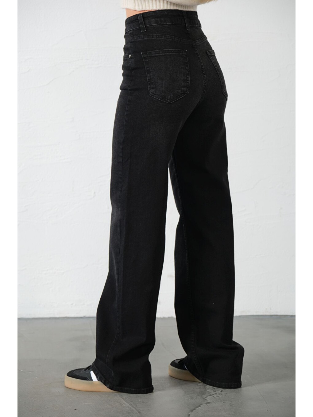 Gri üksek Bel, Esnek Denim Kumaş Geniş Paça Palazzo Kadın Jean Jean Pantolon @Cesena-7