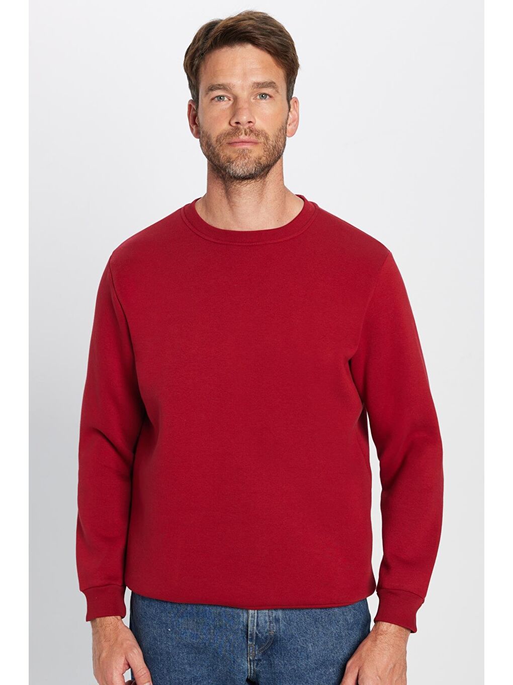 Unisex Relax Fit Rahat Kesim Pamuklu Yumuşak Dokulu İçi Polarlı Basic Bordo Bisiklet Yaka Sweatshirt-5