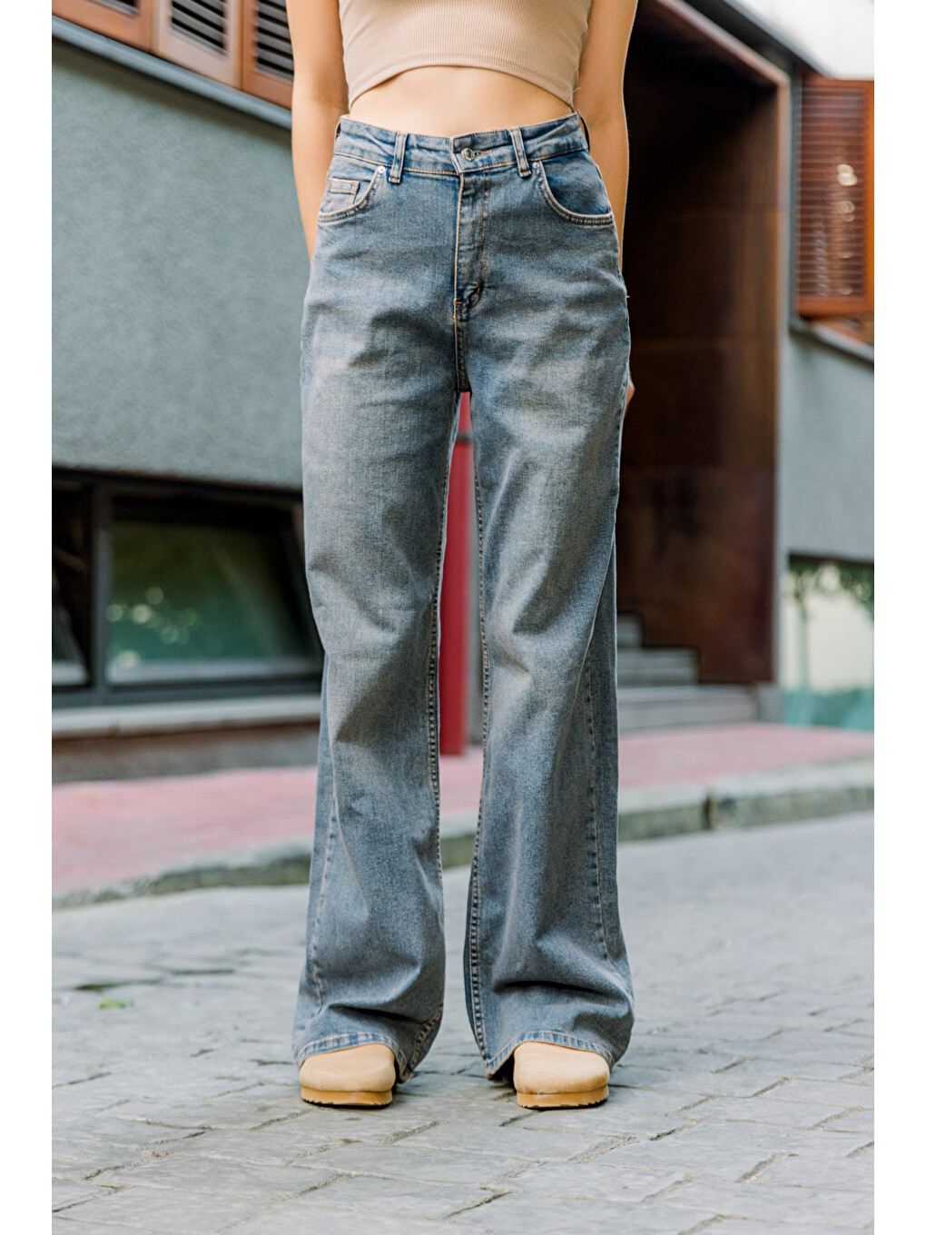 Mavi üksek Bel, Esnek Denim Kumaş Geniş Paça Palazzo Kadın Jean Jean Pantolon @Cesena-1