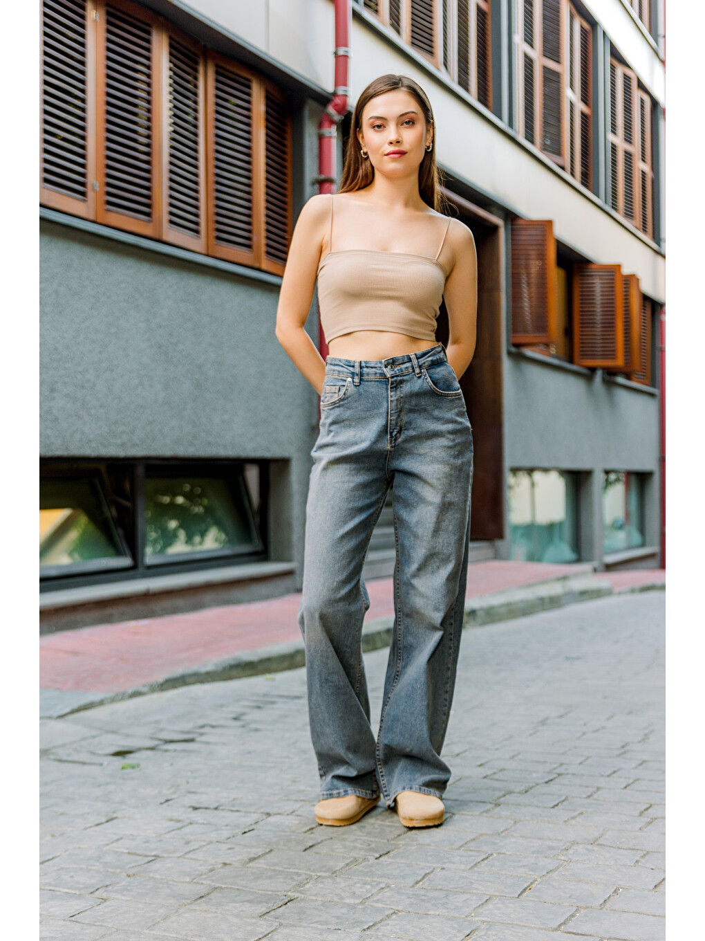 Mavi üksek Bel, Esnek Denim Kumaş Geniş Paça Palazzo Kadın Jean Jean Pantolon @Cesena-2