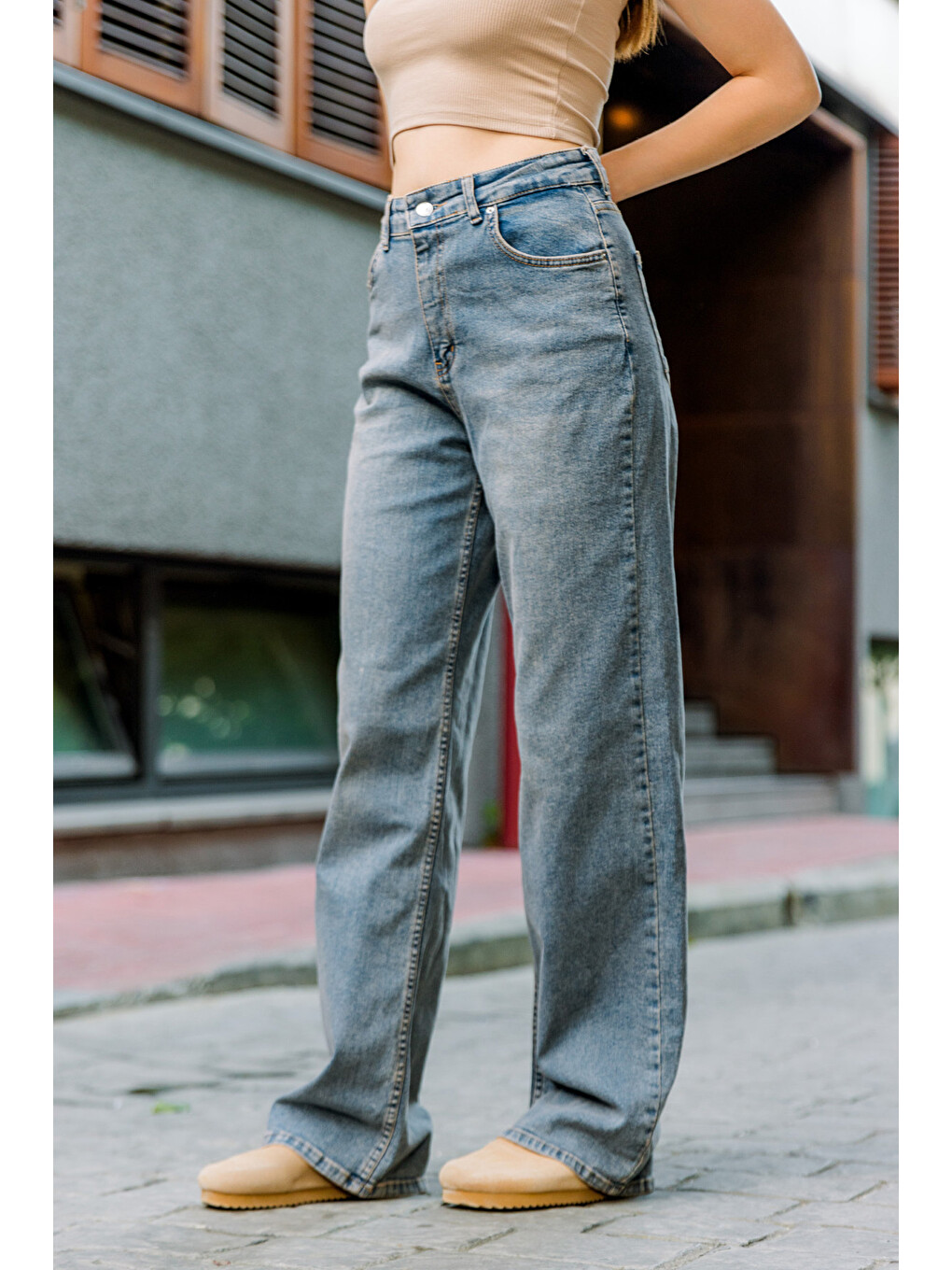 Mavi üksek Bel, Esnek Denim Kumaş Geniş Paça Palazzo Kadın Jean Jean Pantolon @Cesena-3
