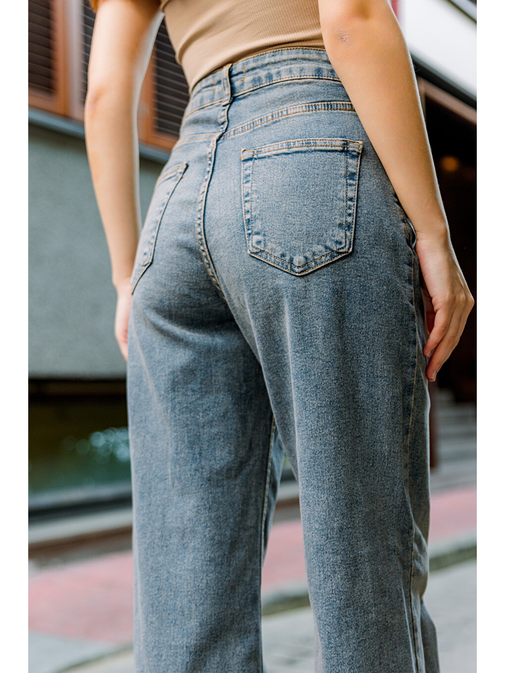 Mavi üksek Bel, Esnek Denim Kumaş Geniş Paça Palazzo Kadın Jean Jean Pantolon @Cesena-4