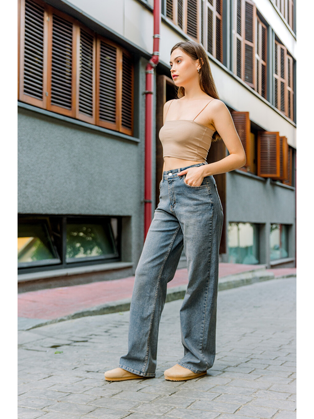 Mavi üksek Bel, Esnek Denim Kumaş Geniş Paça Palazzo Kadın Jean Jean Pantolon @Cesena-5