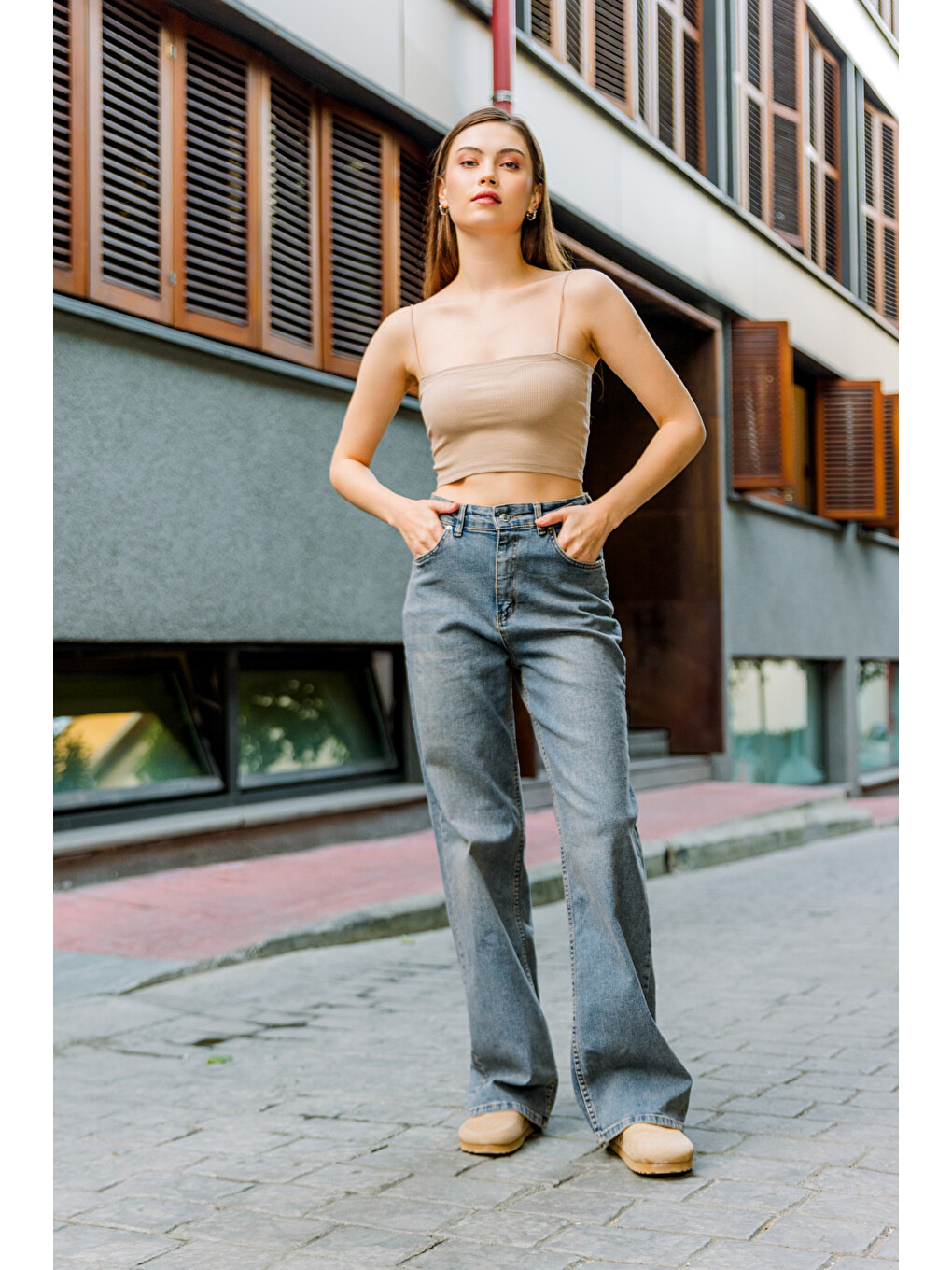 Mavi üksek Bel, Esnek Denim Kumaş Geniş Paça Palazzo Kadın Jean Jean Pantolon @Cesena-7