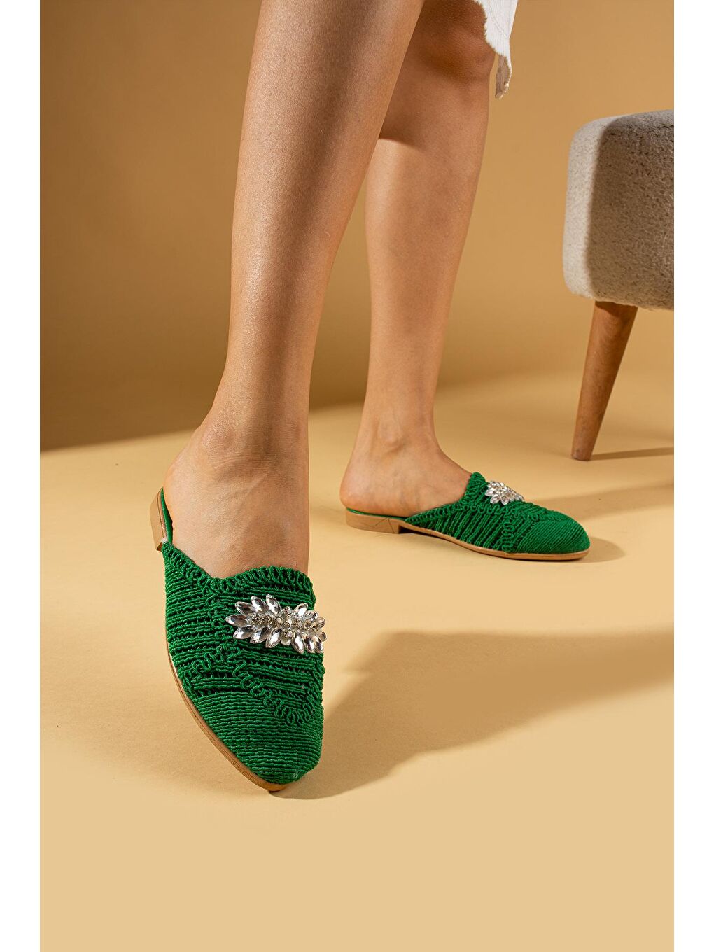 Yeşil Parlak Taşlı Dantel Örme Desenli Rahat Kalıp Kadın Terlik 001-2-24-1