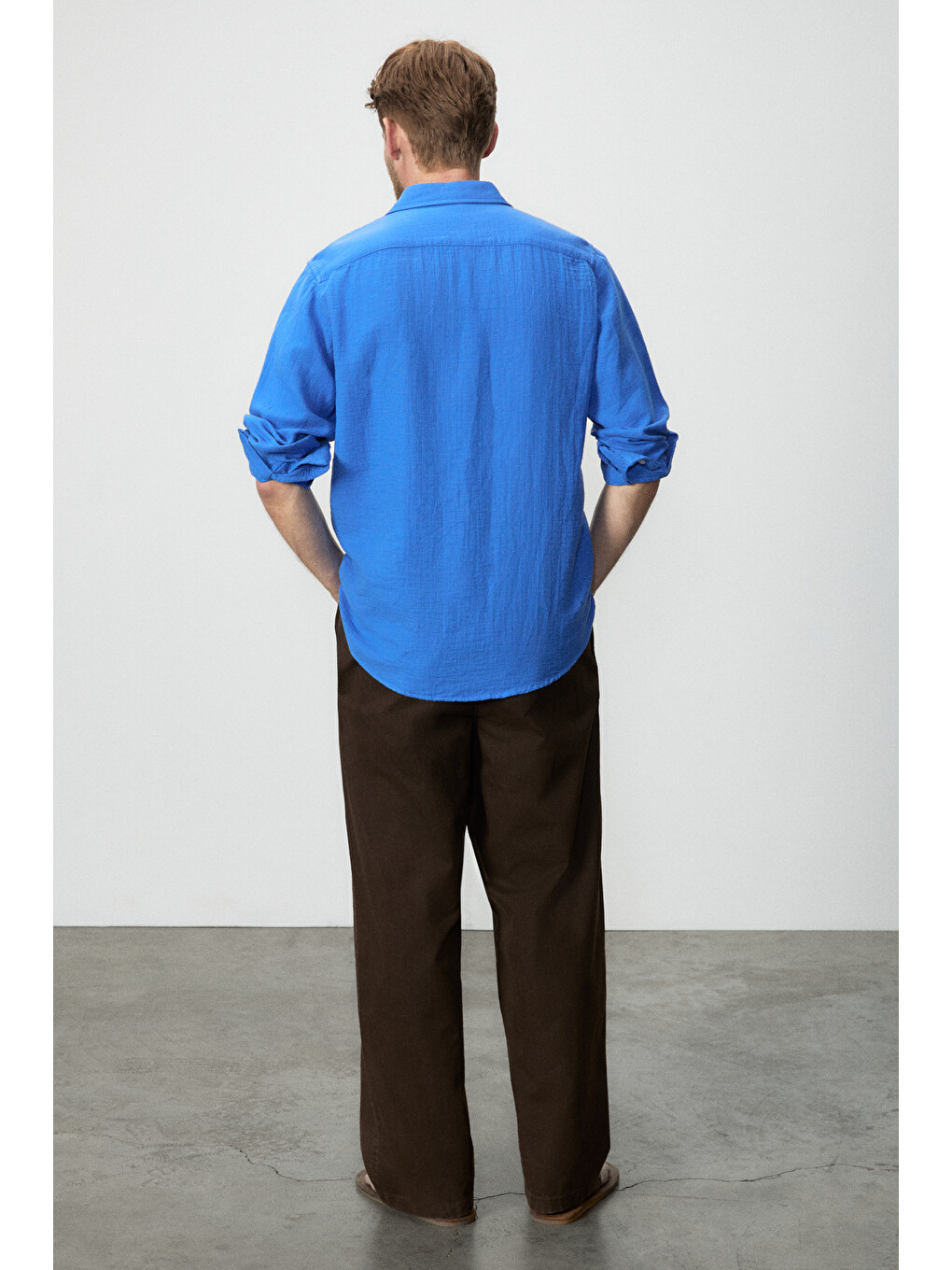 Mavi Erkek %100 Pamuklu Manşetli Uzun Kol Comfort Fit Saks Gömlek-4