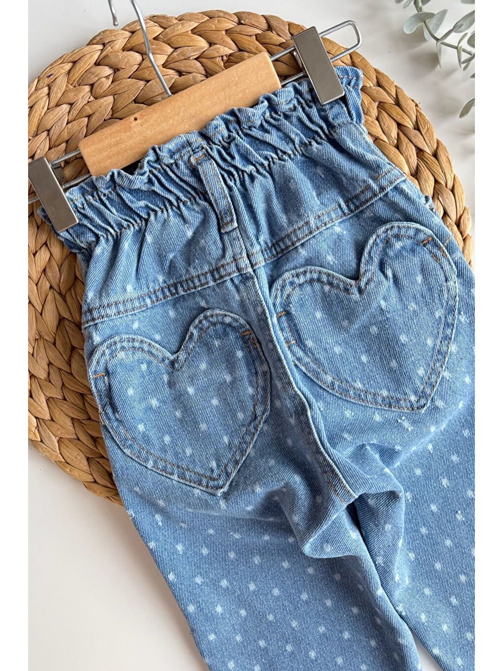 Mavi Kız Puantiyeli Kalp Cep Detayllı Beli Lastikli Jean-1