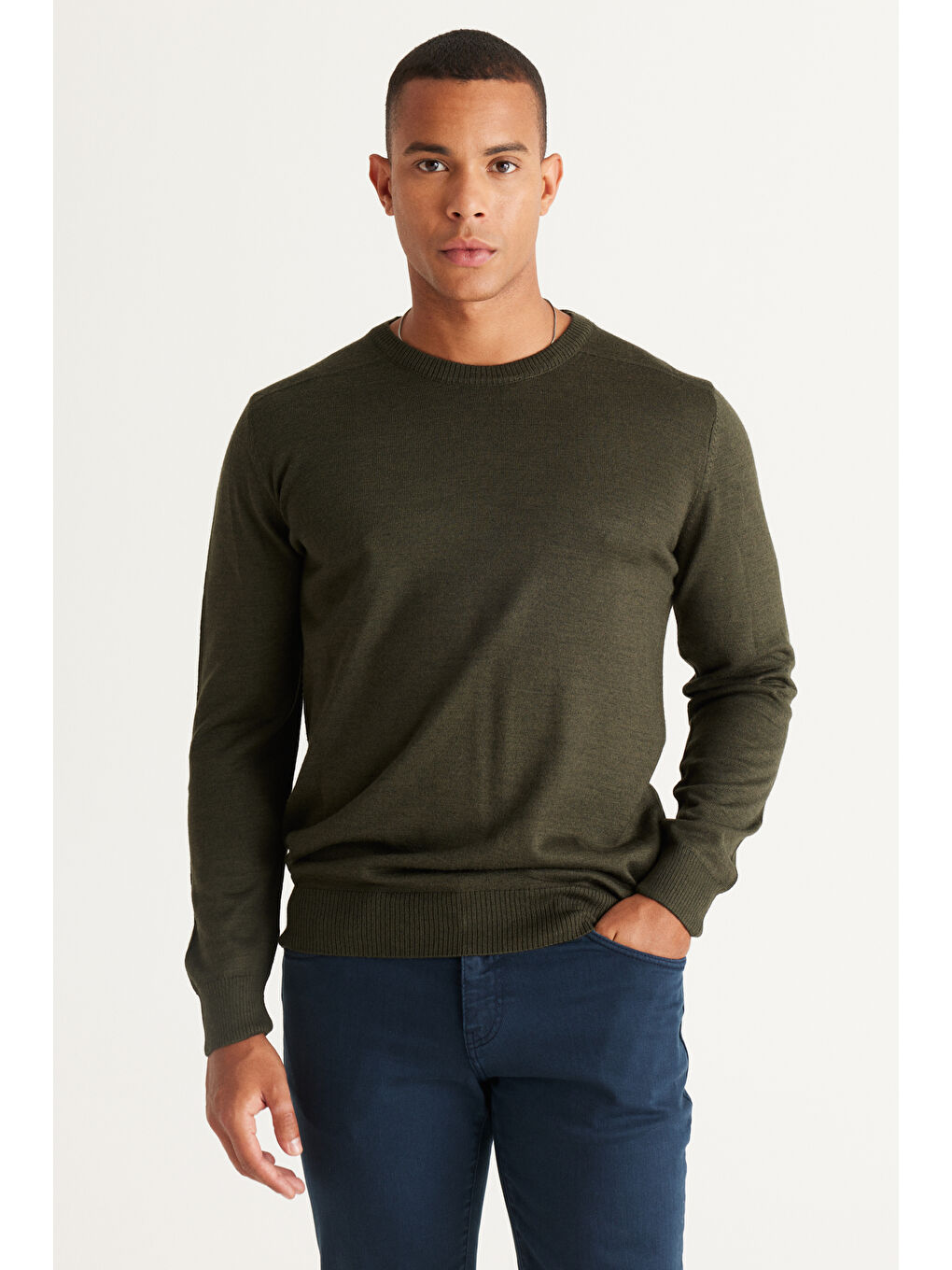 Erkek Haki Standart Fit Normal Kesim Bisiklet Yaka Triko Kazak