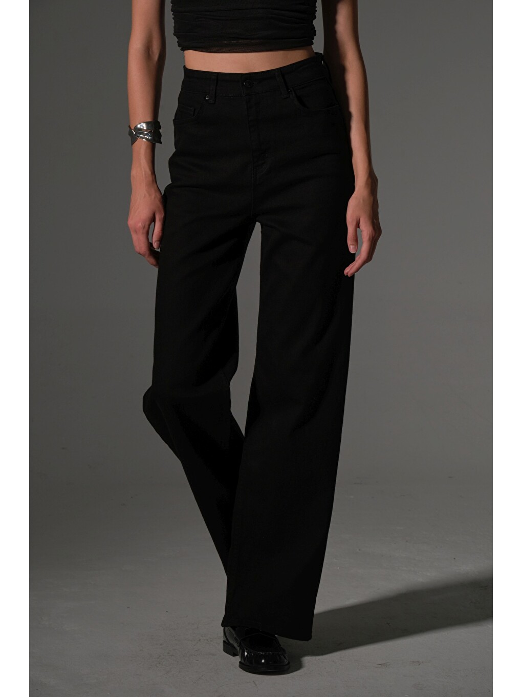 Siyah üksek Bel, Esnek Denim Kumaş Geniş Paça Palazzo Kadın Jean Jean Pantolon @Cesena-5