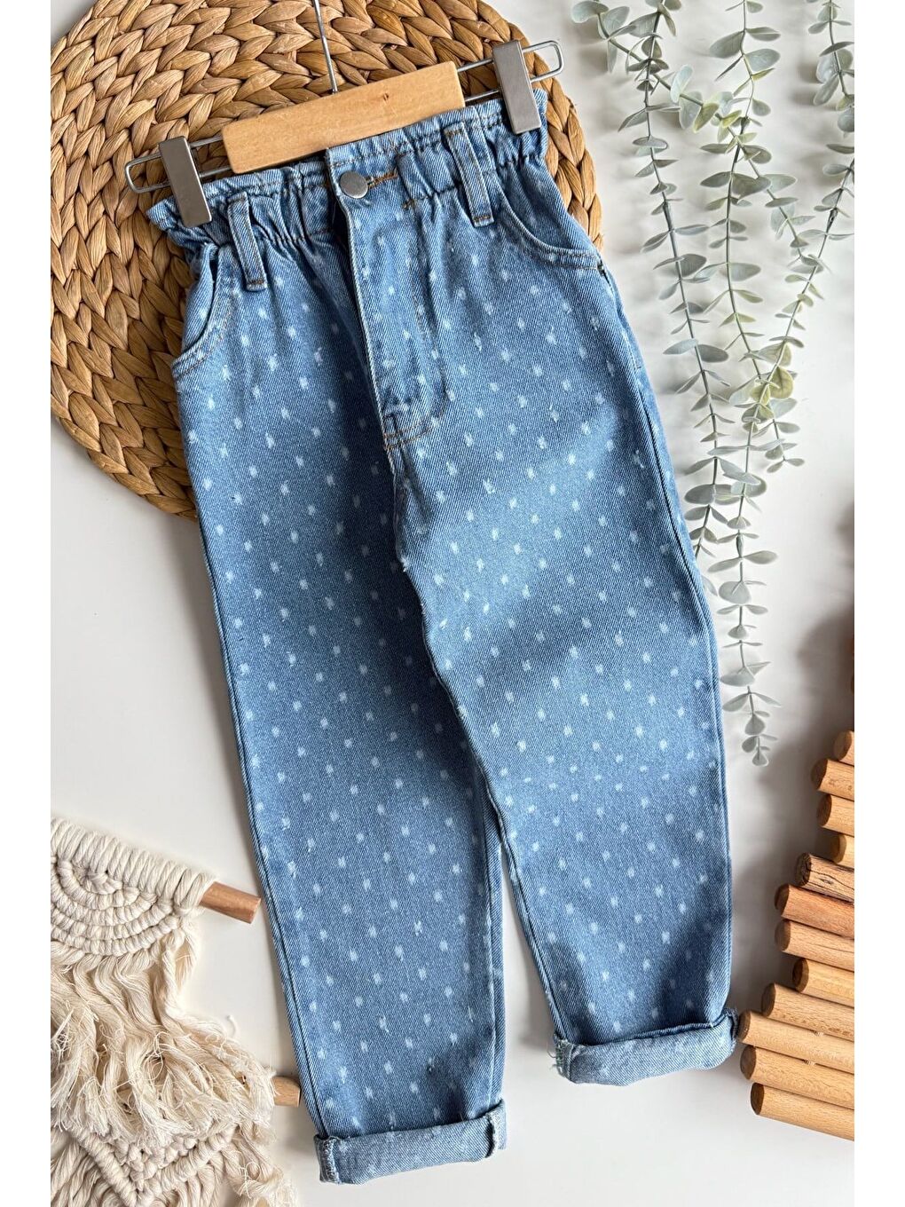 Mavi Kız Puantiyeli Kalp Cep Detayllı Beli Lastikli Jean-2