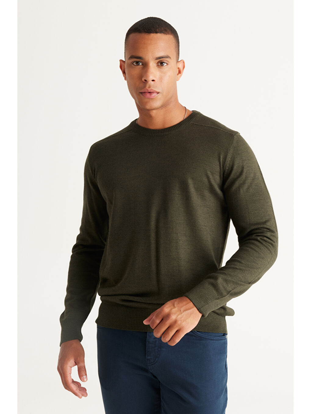 Erkek Haki Standart Fit Normal Kesim Bisiklet Yaka Triko Kazak-1