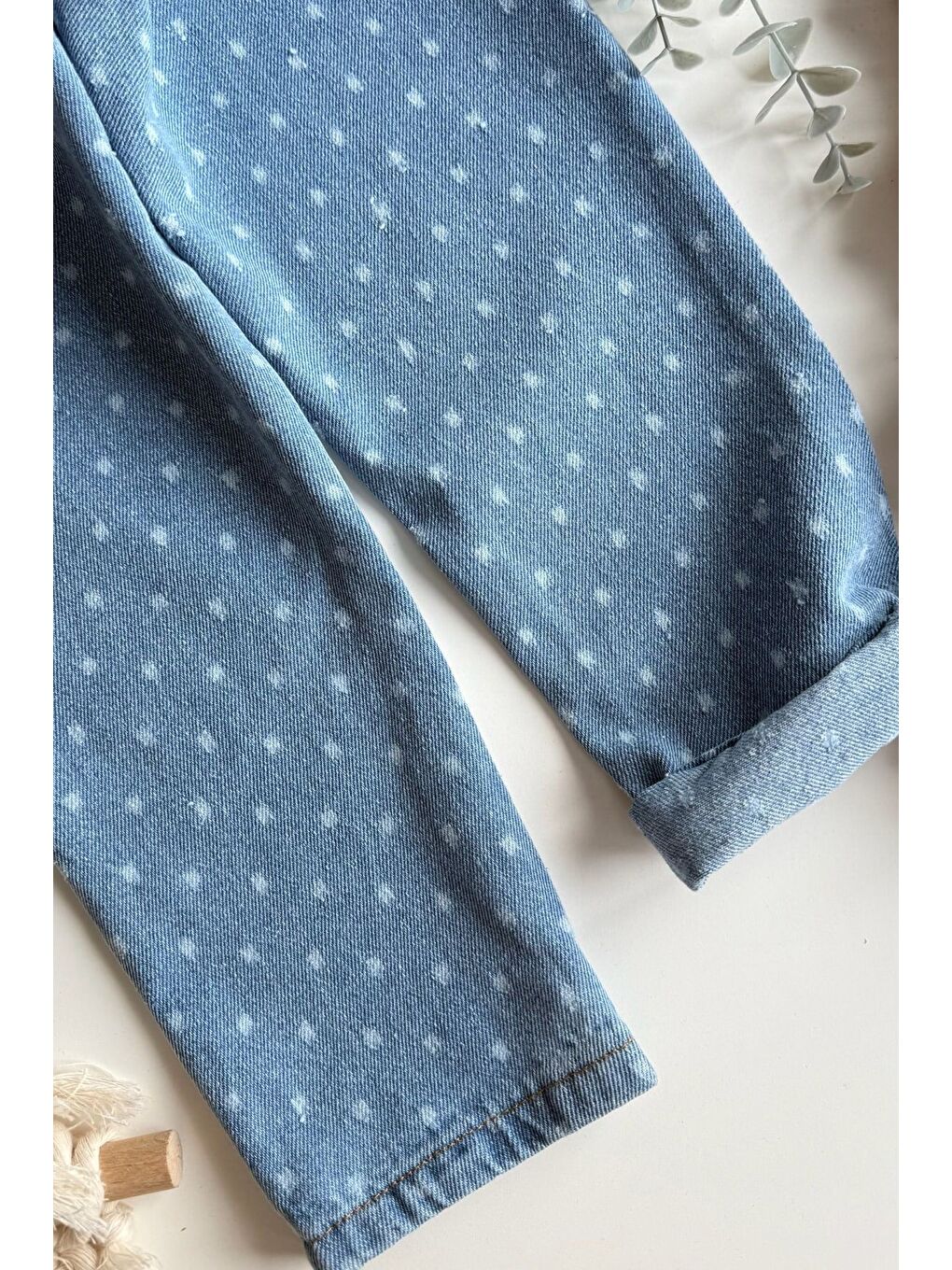 Mavi Kız Puantiyeli Kalp Cep Detayllı Beli Lastikli Jean-3