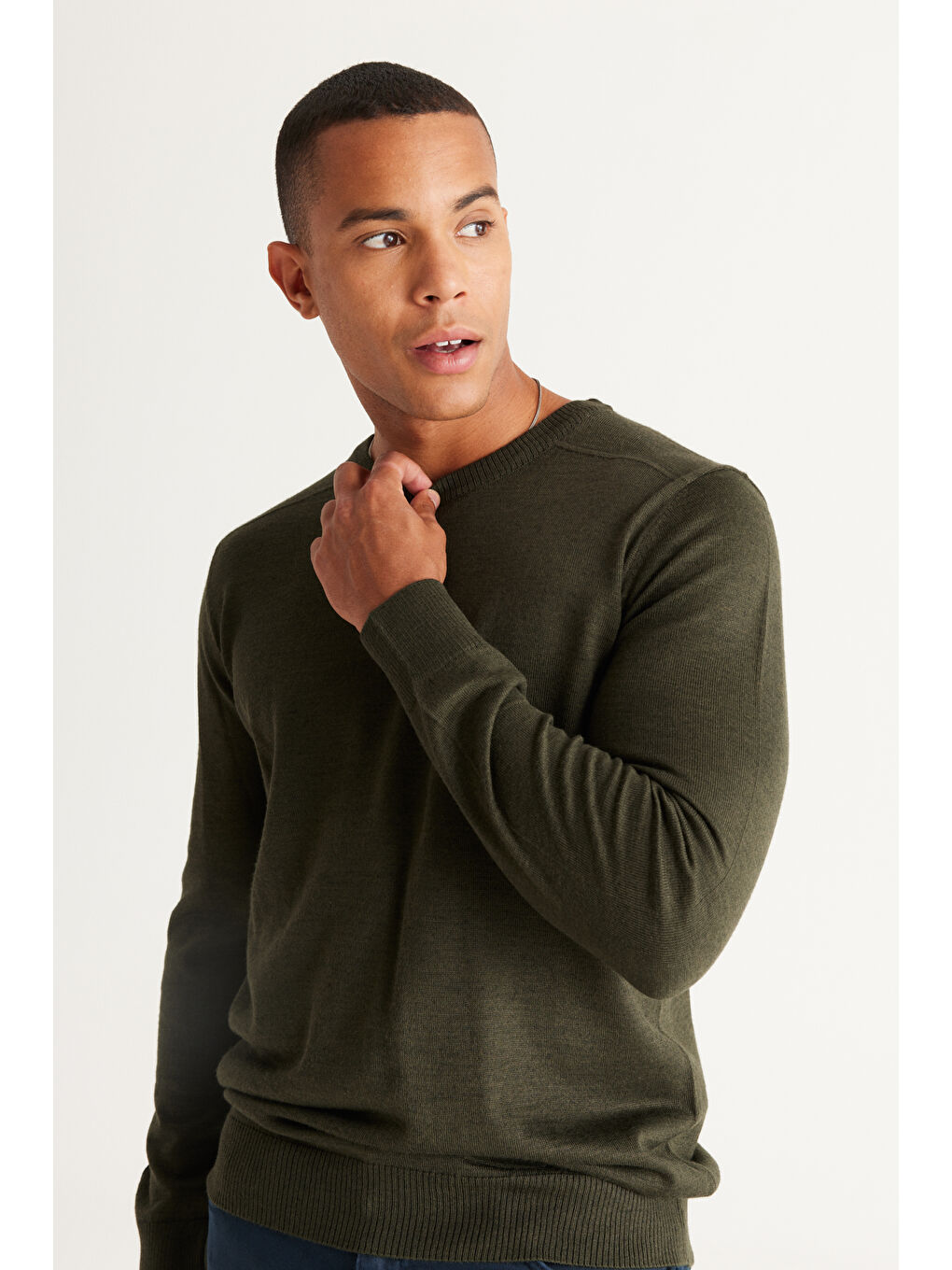 Erkek Haki Standart Fit Normal Kesim Bisiklet Yaka Triko Kazak-2