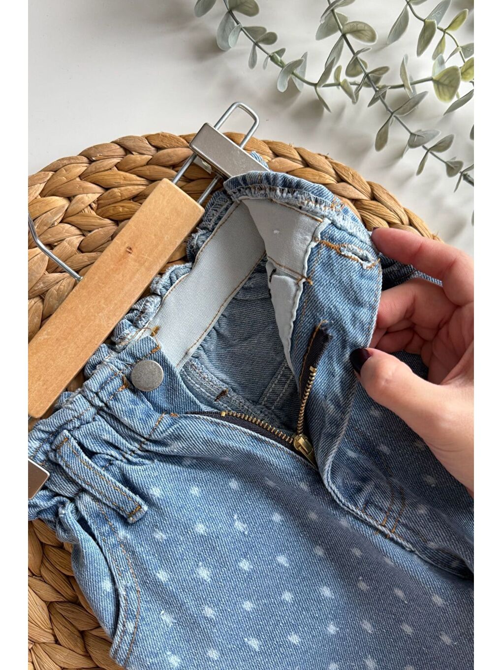 Mavi Kız Puantiyeli Kalp Cep Detayllı Beli Lastikli Jean-4