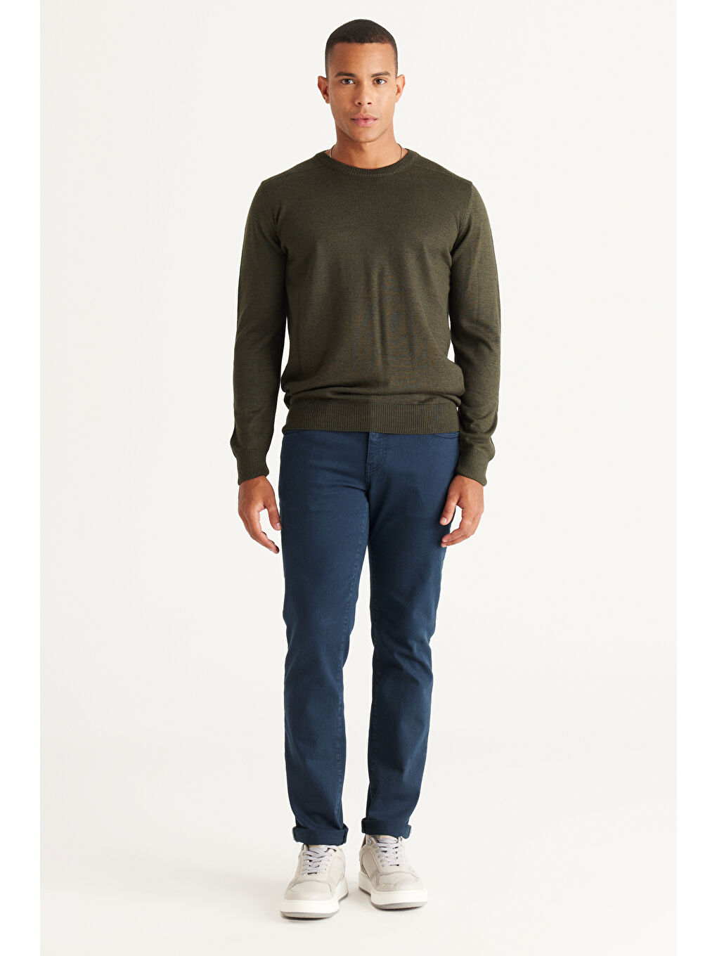 Erkek Haki Standart Fit Normal Kesim Bisiklet Yaka Triko Kazak-3