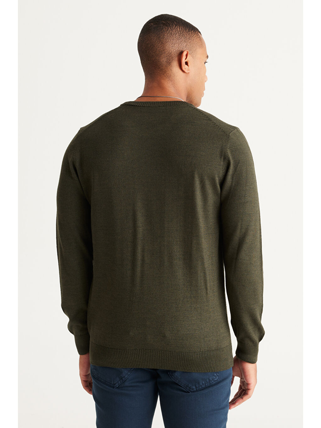 Erkek Haki Standart Fit Normal Kesim Bisiklet Yaka Triko Kazak-4