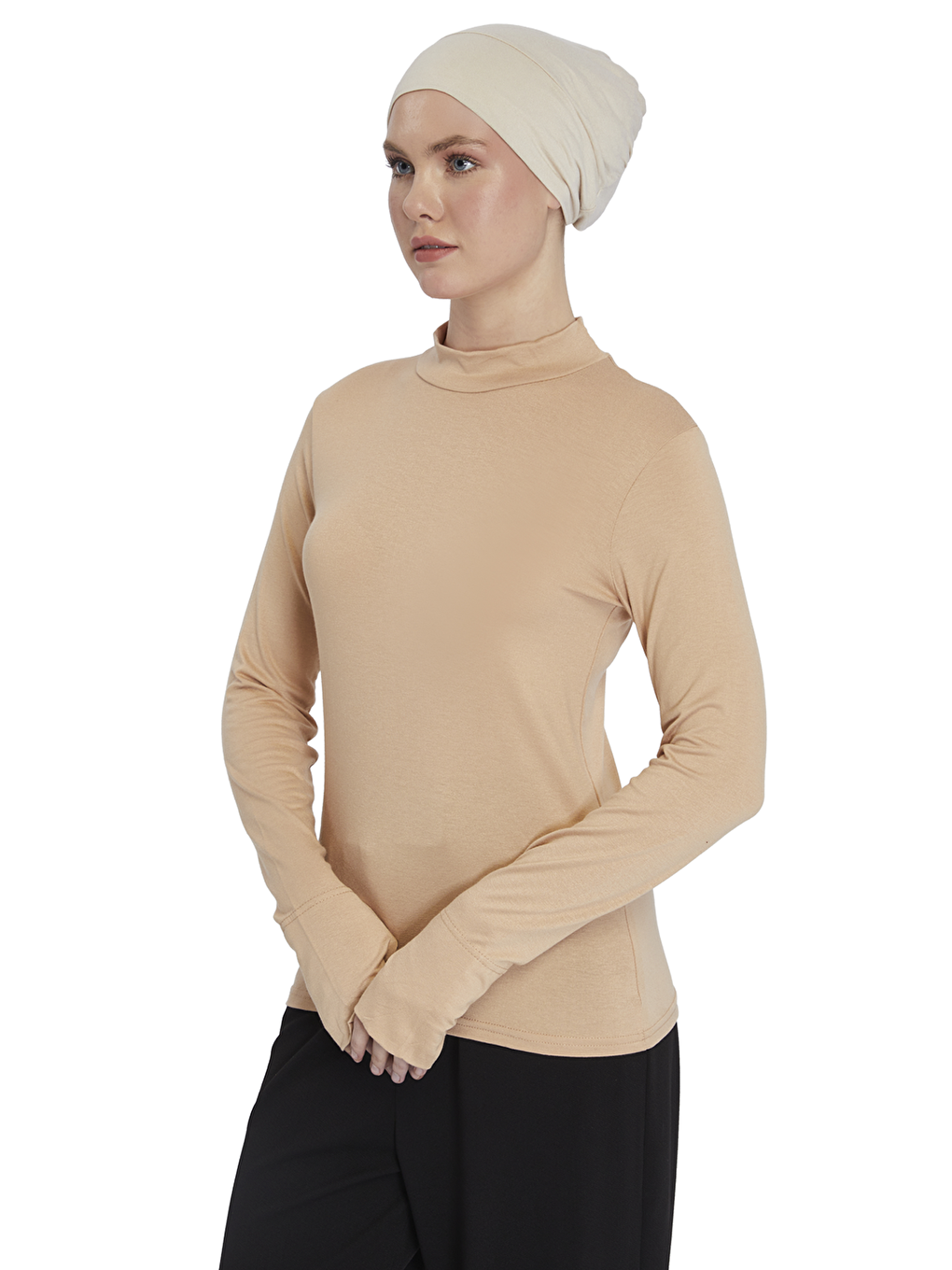 Bej Kadın Organik Parmak Geçmeli Balıkçı Yakalı Body-1