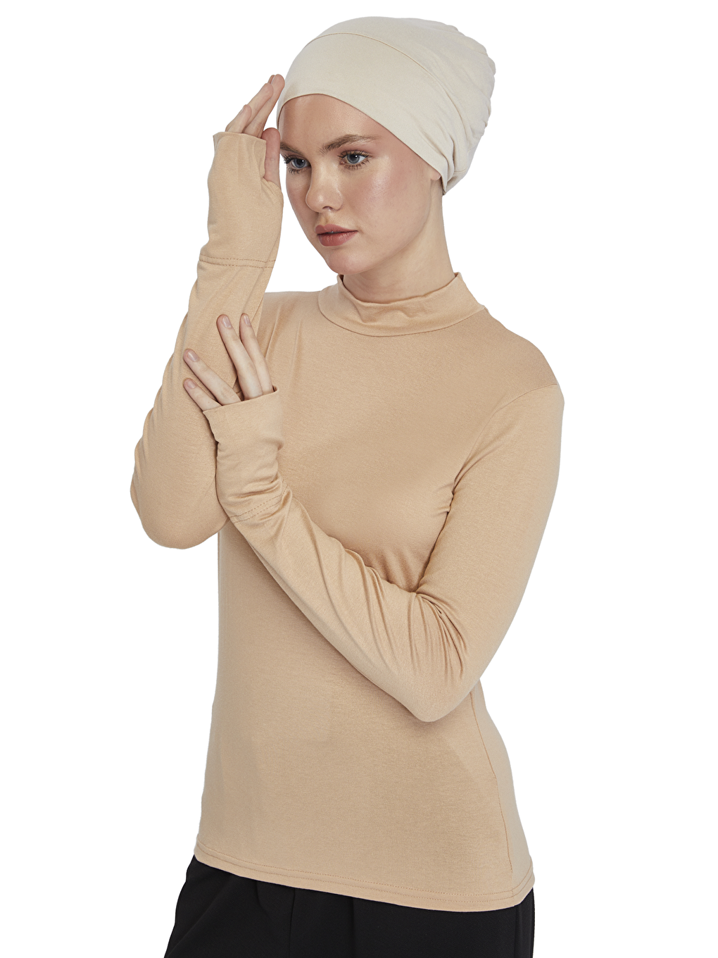 Bej Kadın Organik Parmak Geçmeli Balıkçı Yakalı Body-2