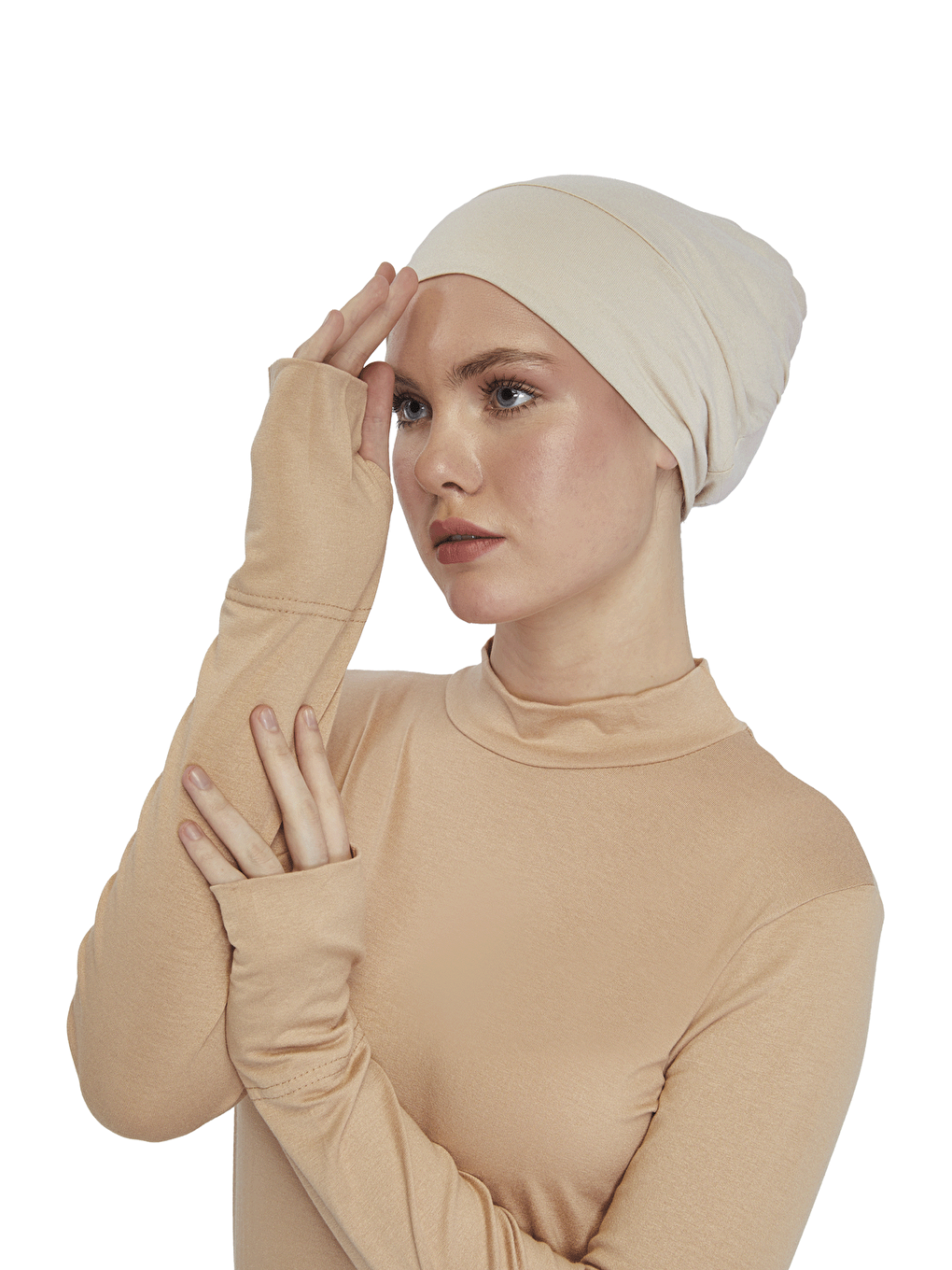 Bej Kadın Organik Parmak Geçmeli Balıkçı Yakalı Body-3