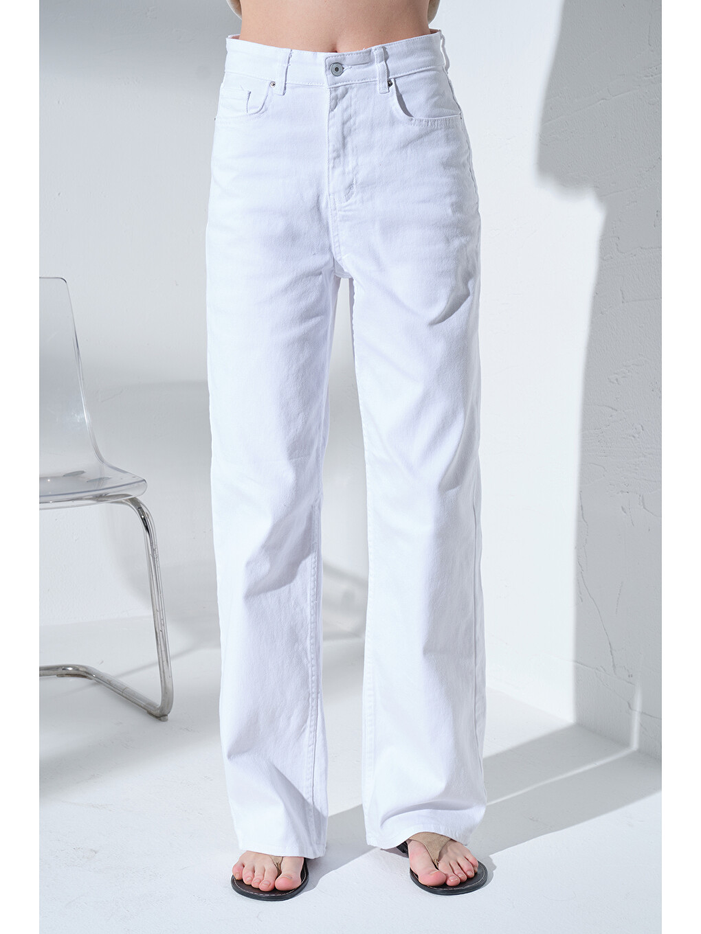 Beyaz üksek Bel, Esnek Denim Kumaş Geniş Paça Palazzo Kadın Jean Jean Pantolon @Cesena-1