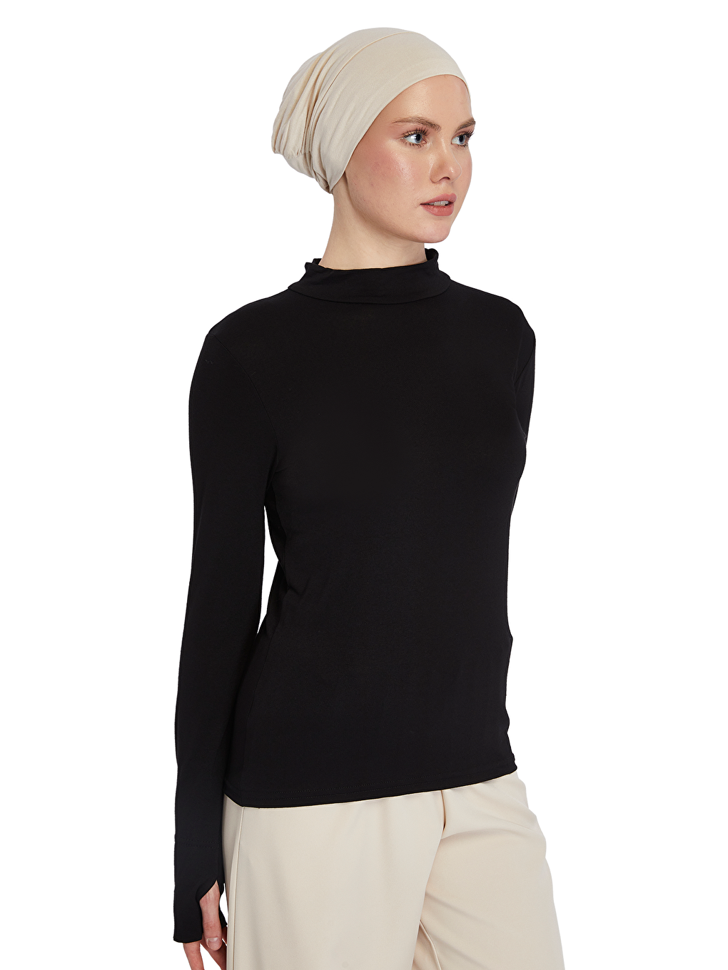 Siyah Kadın Organik Parmak Geçmeli Balıkçı Yakalı Body-4