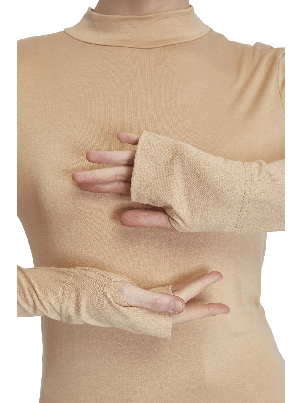 Bej Kadın Organik Parmak Geçmeli Balıkçı Yakalı Body-4