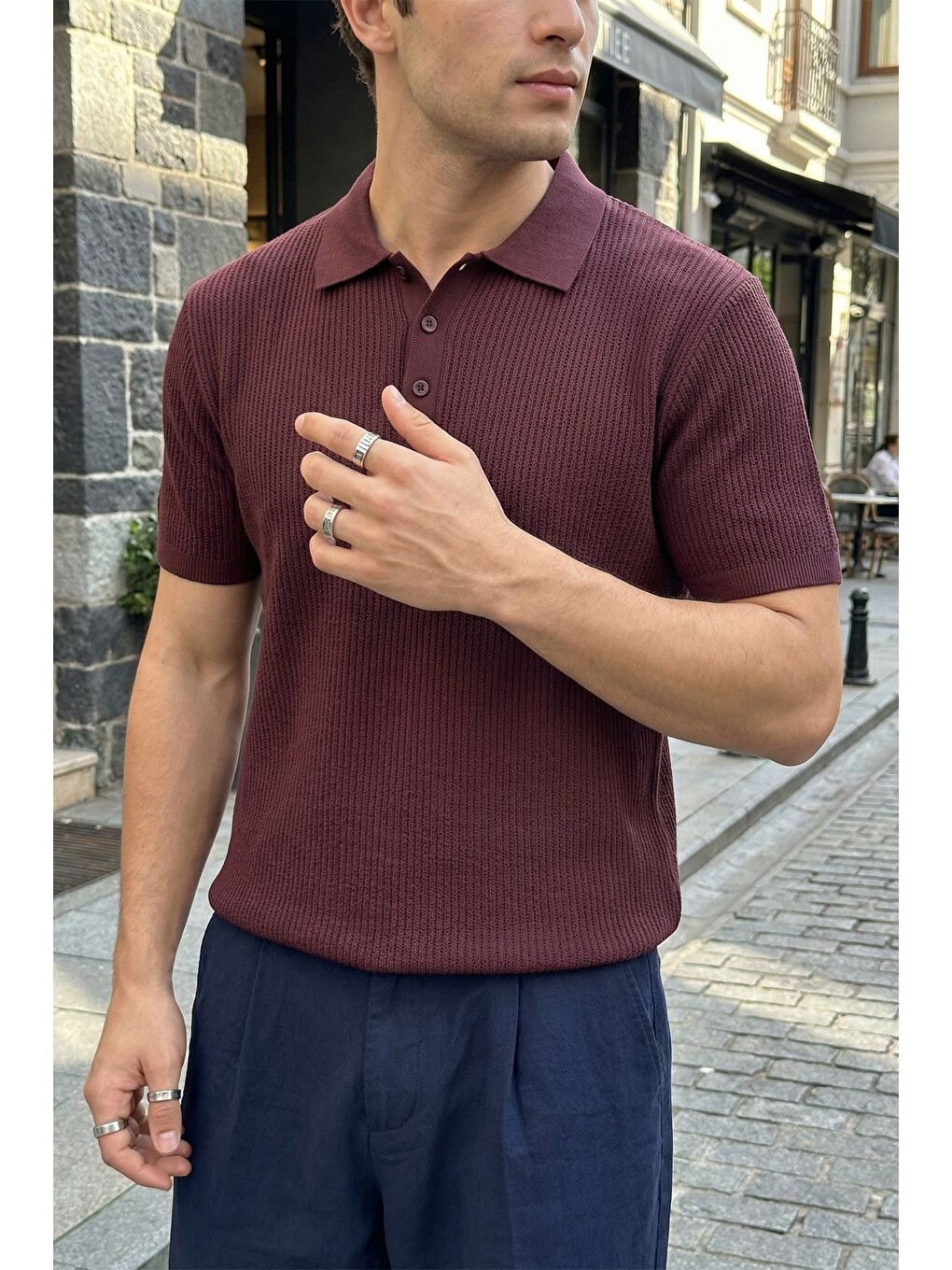 Bordo Bande Regular Fit Erkek Kısa Kol Triko Polo Yaka Dokulu Tişört-1