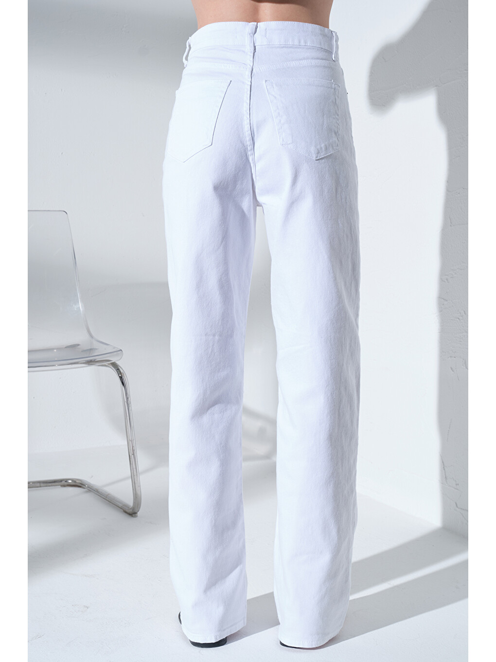 Beyaz üksek Bel, Esnek Denim Kumaş Geniş Paça Palazzo Kadın Jean Jean Pantolon @Cesena-4
