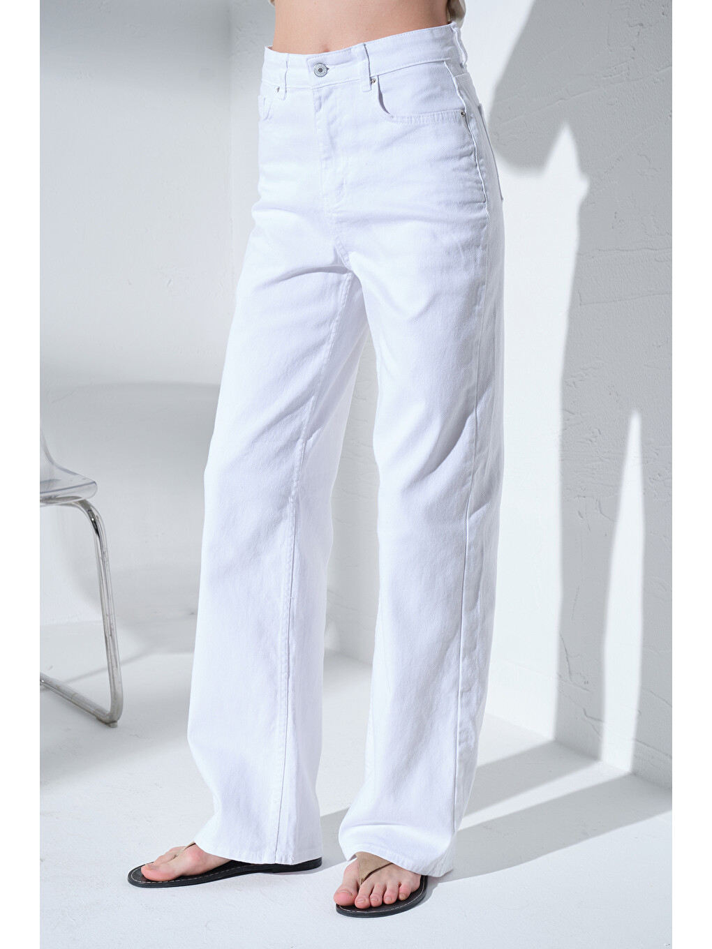Beyaz üksek Bel, Esnek Denim Kumaş Geniş Paça Palazzo Kadın Jean Jean Pantolon @Cesena-5