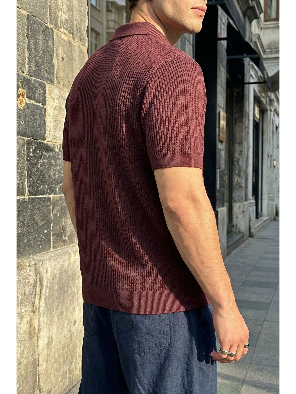 Bordo Bande Regular Fit Erkek Kısa Kol Triko Polo Yaka Dokulu Tişört-2